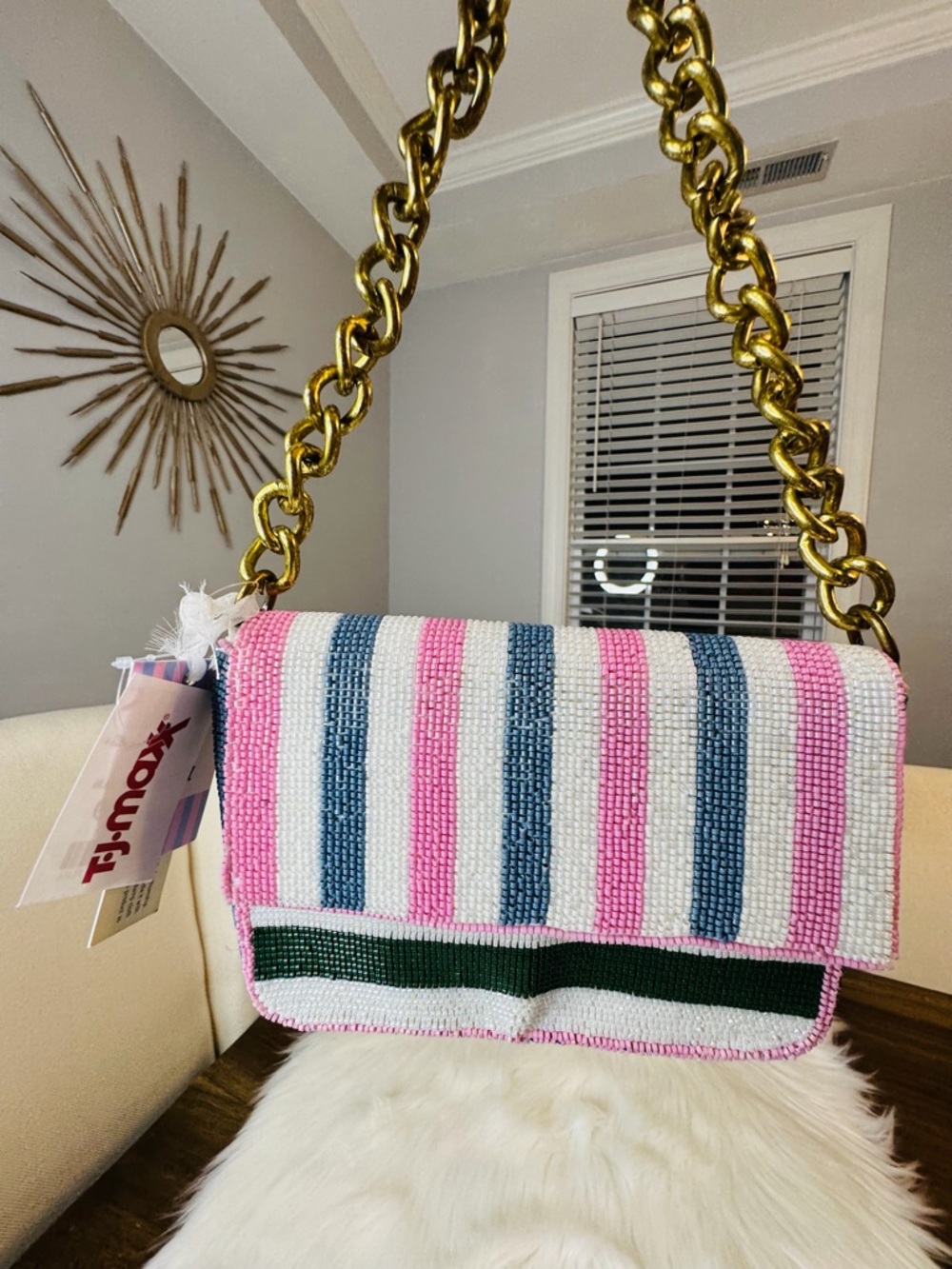 Pink, Blue & White Striped Beaded Shoulder Bag with Gold Chain